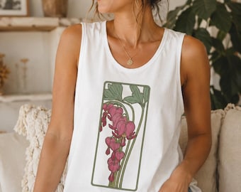 Art Nouveau Bloedende harten Comfortkleuren kledingstukgeverfde tanktop | Uniseks oversized overhemd met comfortabele kleuren en katoenen bloemenprint