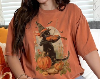 Vintage Witchy Black Cat T-Shirt: Retro Halloween Comfort Colors Cotton Tee