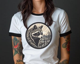 Retro Mountain Raccoon Ringer T-Shirt: Vintage Wildlife Tee