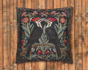 Pileated Woodpecker Print Botanical Throw Pillow Cover | *Pillow Cover Only** | Bird Watcher Gift | William Morris Inspired