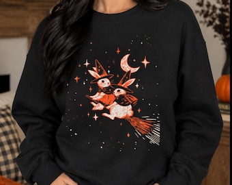 Witchy Bunnies Halloween Sweatshirt  | Vintage Rabbit Print Graphic Gildan Crewneck