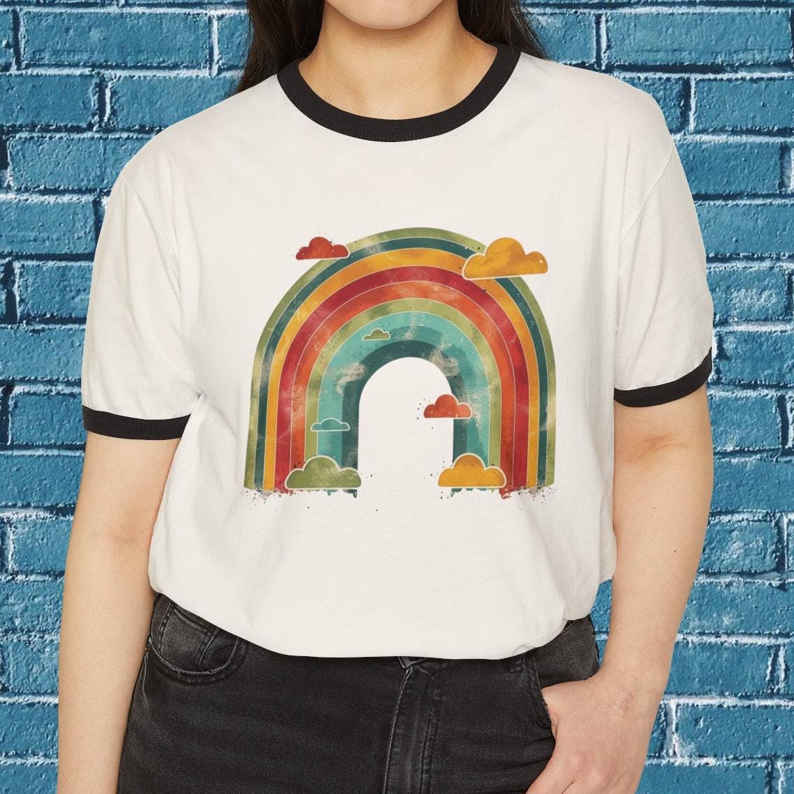 Rainbow Print Vintage Style Cotton Ringer T-shirt | Vintage