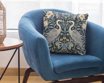 Botanical Great Blue Heron Print Throw Pillow | Bird Print Pillow | William Morris Inspired Pillow | Decorative Heron Pillow | Nature Pillow