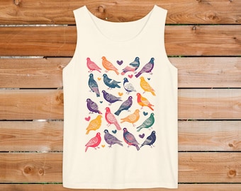 Pigeon Love, Block Print Rainbow Colored Pigeons Unisex Comfort Colors Garment-Dyed Tank Top | Bird Lover Gift | Animal Lover Tank Top