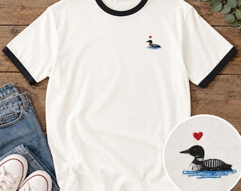 Embroidered Little Loon Unisex Ringer T-shirt | Oversized Bird Lover Tee