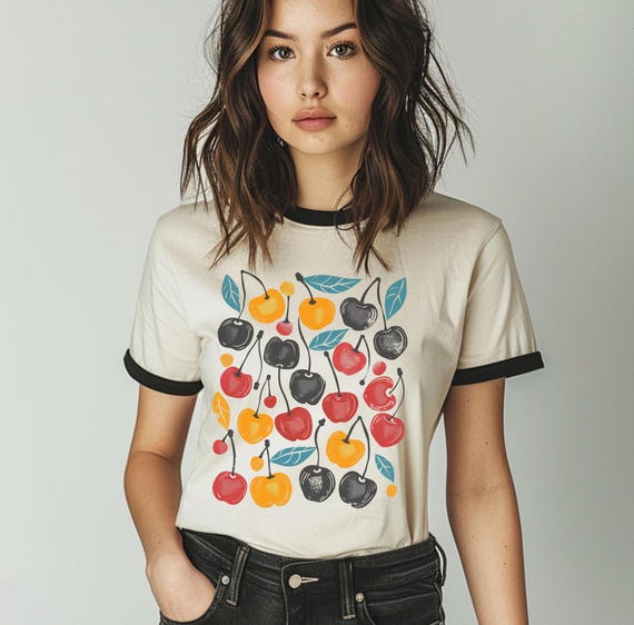 Vintage Cherry Print Cotton Ringer T-Shirt | Retro Cherry Tee Shirt | Fruit Tee Shirt
