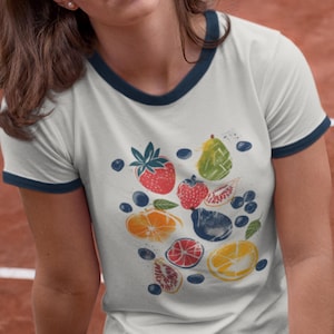 Retro Fruit Block Print Unisex Cotton Ringer T-Shirt | Strawberries, Blueberries, Pomegranate Shirt | Vintage Ringer Shirt | Fresh Fruit Tee