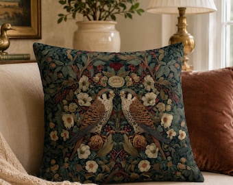 William Morris Inspired Kestrel Print Velveteen Throw Pillow | Cottagecore Botanical Bird Decor