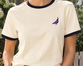 Embroidered Little Pigeon Unisex ringer T-shirt | Oversized Cotton Bird Lover Tee