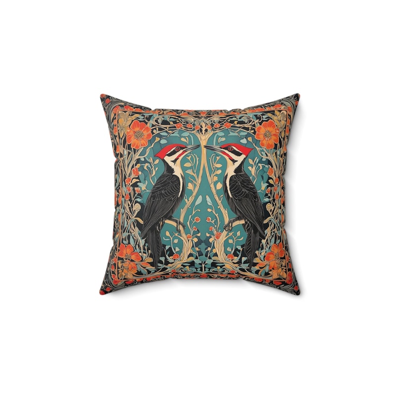 Pileated Woodpeckers Floral Throw Pillow | Bird Print Couch Pillow | William Morris Inspired Pillow | Decorative Woodpecker Pillow image 6