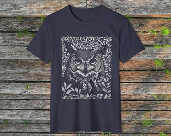 Great Horned Owl Unisex Recycled Organic T-Shirt | Owl Print Tee | Great Horned Owl Shirt | Owl Lover Gift | Eco-Friendly Shirt