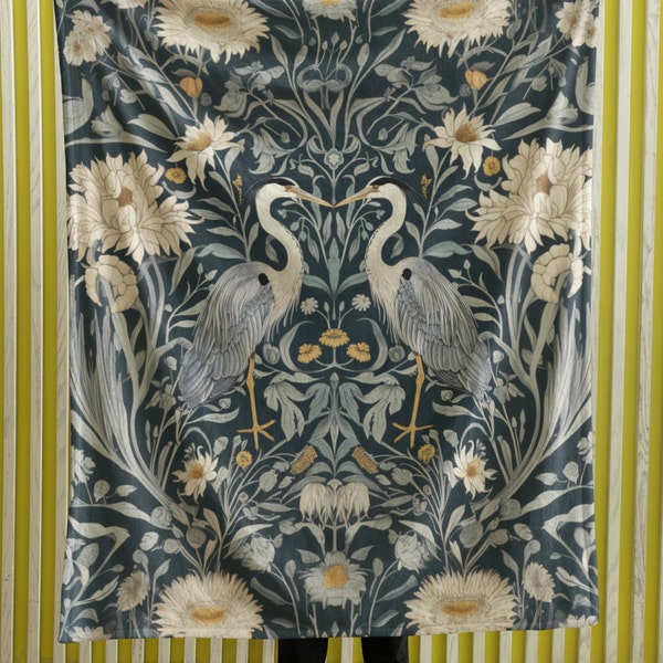 Great Blue Heron Lightweight Plush Blanket | William Morris Inspired Blanket | Heron Throw Blanket | Decorative Throw Blanket