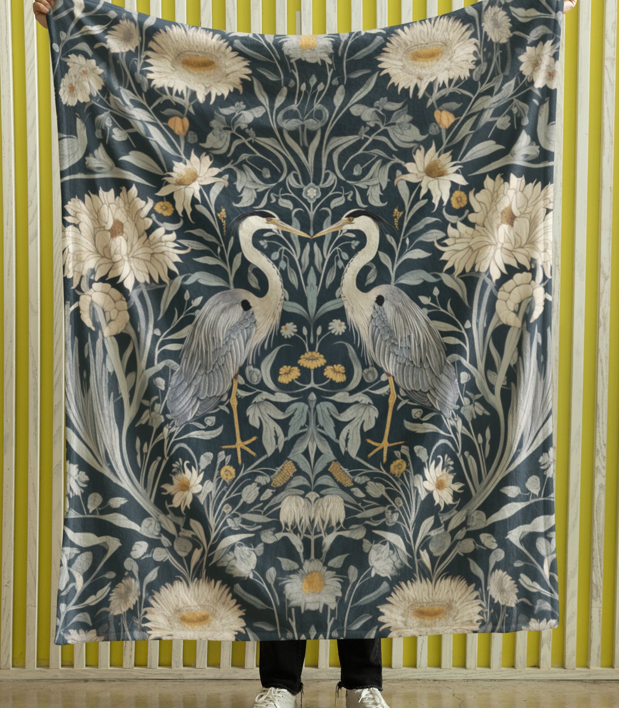 Great Blue Heron Lightweight Plush Blanket | William Morris Inspired Blanket | Heron Throw Blanket | Decorative Throw Blanket