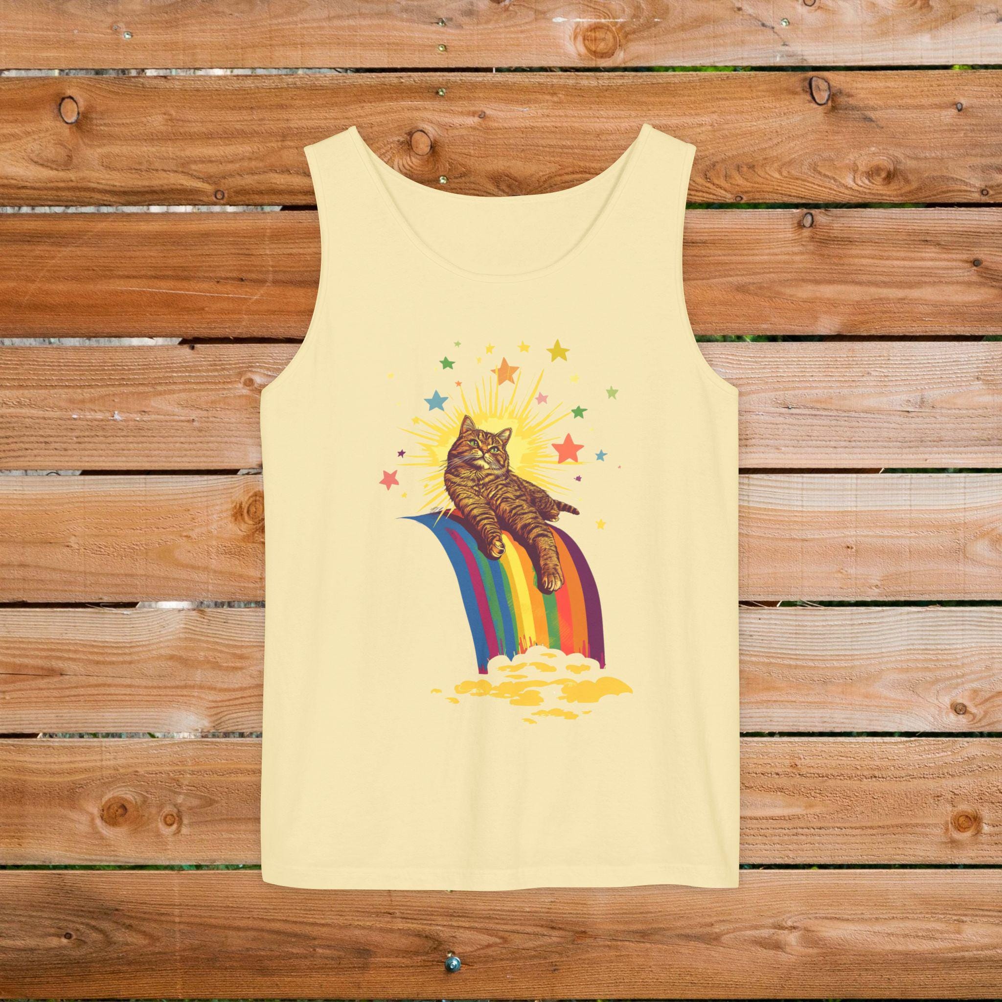 Psychedelic Tabby Cat Lounging on a Rainbow Unisex Comfort Colors Tank Top | Cat Lover Gift | Animal Lover Shirt | 1960's Aesthetic Tank