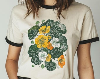 Nasturtium Vintage Style Unisex Cotton Ringer T-Shirt | Retro Flower Print TShirt | Garden Lover Gift | Vintage Ringer Shirt | Gardening Tee