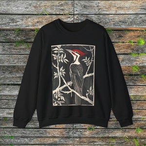 Pileated Woodpecker Block Print Cozy Crewneck Sweatshirt