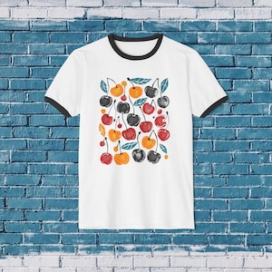 Retro Cherry Print Cotton Ringer T-Shirt | Unisex Cotton Tee image 5