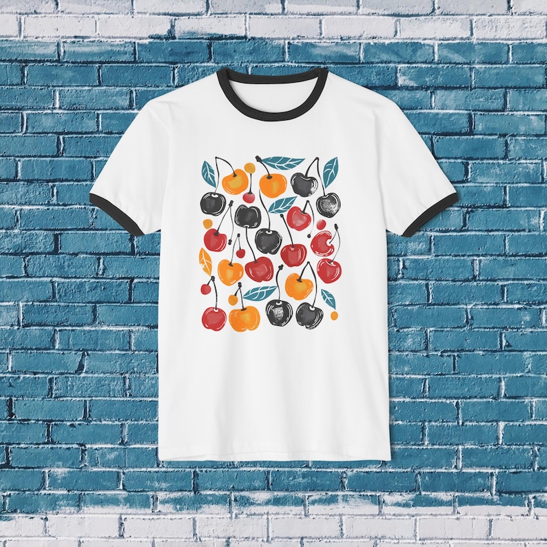 Retro Cherry Print Cotton Ringer T-Shirt | Unisex Cotton Tee image 5