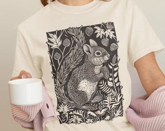 Woodland Squirrel Block Print Unisex Comfort Colors T-shirt | Squirrel Lover T-Shirt | Animal Lover Tee | Folk Art T-Shirt