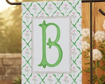 Personalized Monogram Garden Flag Pink and Green Floral Yard Flag Preppy Outdoor Decor, Grand Millennial Decor