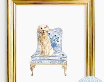 Golden Retriever Art Print, Chinoiserie Dog, Preppy Wall Decor, Dog Mom Gift, Golden Retriever Lover Art, Dog Portrait, Retriever Nursery