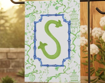 Blue Chinoiserie Monogram Garden Flag: Personalized Outdoor Decor