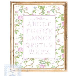 Arte de berçário Chinoiserie, Arte de parede do alfabeto, Quarto de meninas Grand Millennial, Decoração floral em toile rosa, Berçário de menina, Impressão de berçário ABC