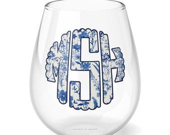 Custom Monogram Wine Glass, Toile Monogram, Bridesmaid Gifts, Mothers Day Wine Gift, Monogram Bridal Party Gift