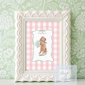 Doodle Nursery Print, Watercolor Dog Nursery Art, Grandmillennial Nursery, Pink Gingham Doodle Puppy Nursery Decor, Coquette Bow Art