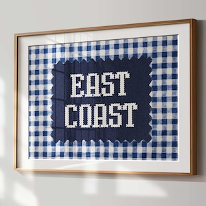 East Coast Digital Download, Navy Gingham Wall Art, Preppy Printable Art, Coastal Americana Decor, Cottage Coastal, Blue Gingham Maine Art