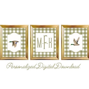 Southern Boy Nursery Art: Mallard Duck Print, Monogram Wall Decor, Green Gingham Prints, Baby Boy Room, Wildlife-Inspired Wall Art