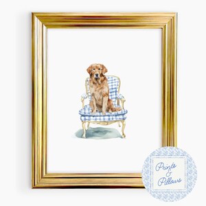 Golden Retriever Art Print, Preppy Dog Art, Dog Nursery Decor, Blue Gingham Nursery, Dog Mom Gift, Golden Retriever Nursery, Retriever Lover