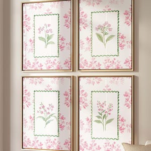Coquette Pink Floral Wall Art Set, Nursery Wall Decor, Set of 4 Prints, Preppy Style Art, Grand Millennial, Pink and Green