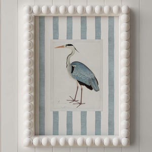 Blue Heron Print with Blue Stripe Background, Coastal Bird Art, Grandmillennial Wall Decor, Vintage Bird Illustration, Nautical Nursery Art