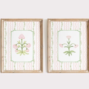 Chinoiserie Floral Print Set: Pink & Green Botanical Wall Art