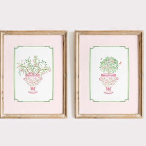 Set of 2 Chinoiserie Floral Prints, Pink and Green Wall Art, Grandmillennial Botanical Prints, Coquette Room Decor, Chinoiserie Nursery