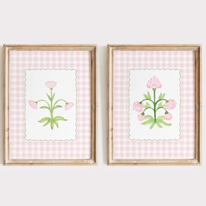 Pink Gingham Floral Wall Art Set, Coquette Girl Nursery Decor, Grandmillennial Botanical Prints, Chinoiserie Style Flower Pair, Pink Green