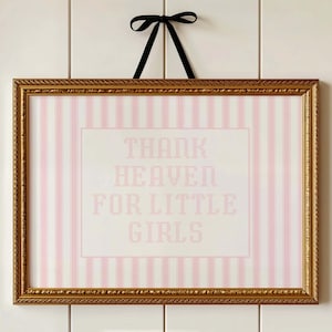 Thank Heaven for Little Girls Art Print, Pink Stripe Wall Art for Nursery, Grandmillennial Baby Girl Decor, Cross Stitch Style Print
