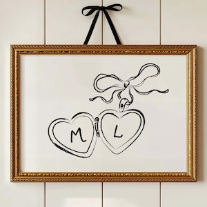 Impresión personalizada de medallón de corazón para recién casados, arte inicial de pareja personalizado, regalo de boda para novios, arte de pared minimalista en blanco y negro