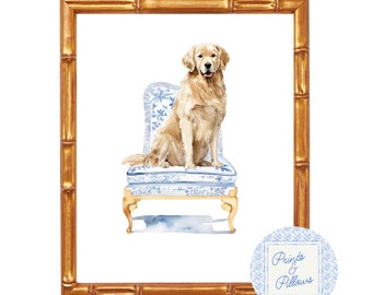 Golden Retriever Chinoiserie Art Print – Vintage Dog Wall Decor, Classic Pet Portrait, Perfect Gift for Dog Lovers, Dog Nursery Art