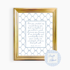 Psalm 139 Bible Verse Nursery Wall Art, Blue and White Nursery, Scripture Wall art, Vintage Style Bow Nursery Print, Grand Millennial Decor