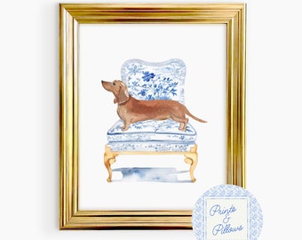 Dachshund Art Print, Chinoiserie Dog, Preppy Dog Prints, Dog Mom Gift, Doxie Lover Art, Dog Portrait, Dachshund Gifts