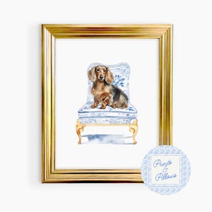 Long Hair Dachshund Art Print, Chinoiserie Dog, Preppy Dog Prints, Dog Mom Gift, Doxie Lover Art, Dog Portrait, Dachshund Gifts