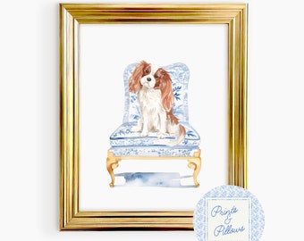 King Cavalier Art Print, Chinoiserie Dog, Preppy Dog Prints, Dog Mom Gift, King Cavalier Lover Art, Dog Portrait, Spaniel Gifts