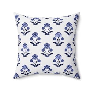 Blue Block Print Pillow, Blue and White Decor, Grand Millennial Pillow, Grand Millennial Style, Coastal Grandma Decor