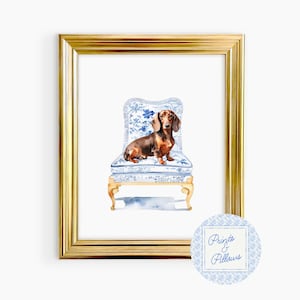 Dachshund Print on Chinoiserie Chair | Watercolor Dog Art | Grandmillennial Decor | Pet Lover Gift | Dog Wall Art | Dog Nursery Art