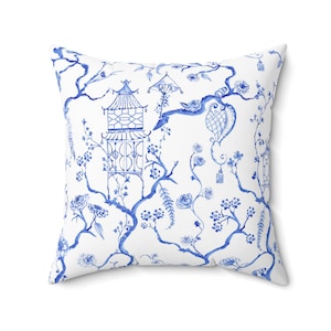 Blue Chinoiserie Pillow: Grand Millennial Pagoda Decor