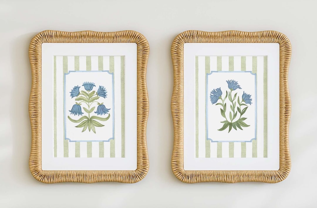 Set of 2 Blue Floral Stripe Print, Green and White Botanical Wall Art, Cottagecore Grandmillennial Nursery or Bedroom Decor, Coastal Cottage - 11x14