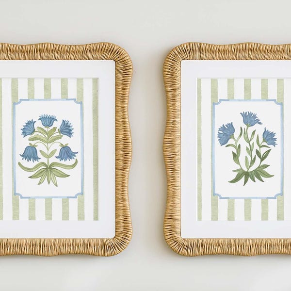 Juego de 2 piezas de arte mural botánico con estampado de rayas florales azules, verde y blanco, decoración de dormitorio o guardería estilo cottagecore Grandmillennial, estilo cabaña costera.