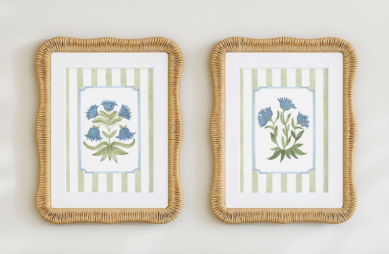 Set of 2 Blue Floral Stripe Print, Green and White Botanical Wall Art, Cottagecore Grandmillennial Nursery or Bedroom Decor, Coastal Cottage